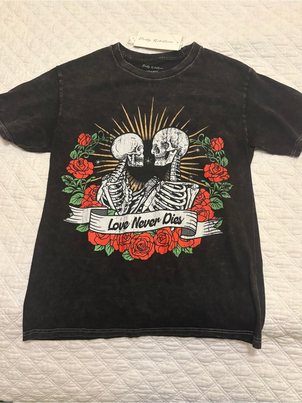 Pretty Rebellious Black Tee with Red Roses & White Skeleton Graphic